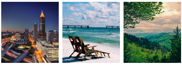 Three images depicting the city of Atlanta, the beach, and the mountains
